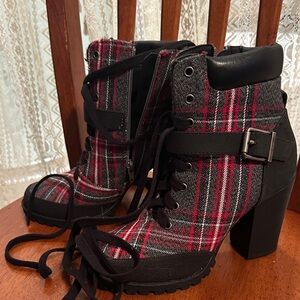 JustFab Red and Black Plaid Lace-Up Boots